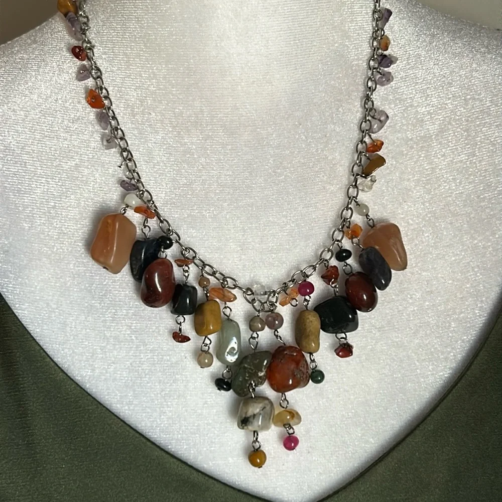 Handcrafted Multi Gemstone Bead Confetti Chandelier Drop Silver Tone Necklace